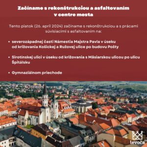 Oznamujeme Vám, že 21.3.2024 od 9.00 do 12.00 bude znížený tlak pitnej vody (poprípade odstávka vody) v meste Levoča - ul. Okružná, Štefánikova, Sídlisko Pri prameni a sídlisko Hrad.