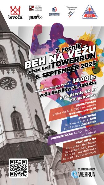 Plagát propaguje 7. ročník Behu na vežu – Urban Bell Towerrun, ktorý sa bude konať 6. septembra 2025 v Levoči. Na pozadí je čiernobiela fotografia veže Baziliky sv. Jakuba, cez ktorú je umiestnená farebná silueta bežca so zdvihnutou rukou, obklopená pestrými farebnými efektmi. Podrobnosti na plagáte: Miesto: Námestie Majstra Pavla, veža Baziliky sv. Jakuba Prevýšenie: 60 metrov, 216 schodov Štart: 14:00 h Prezentácia: 13:00 – 14:00 h pri radnici Registrácia: online do 6. septembra na stránke towerrun.levoca.sk Štartovné: 6 € pre dospelých, zdarma pre účastníkov do 18 rokov Súčasťou plagátu sú logá organizátorov, QR kód a odkazy na sociálne siete (Facebook a Instagram) podujatia.